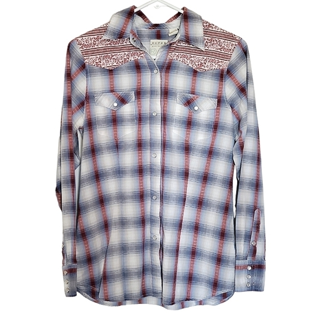 1178 * Roper Western Wear Plaid Pearl Snap Shirt Red White Blue Size S